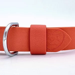 Collier en biothane orange avec passant et attache argentée, gravure Okamiiro.